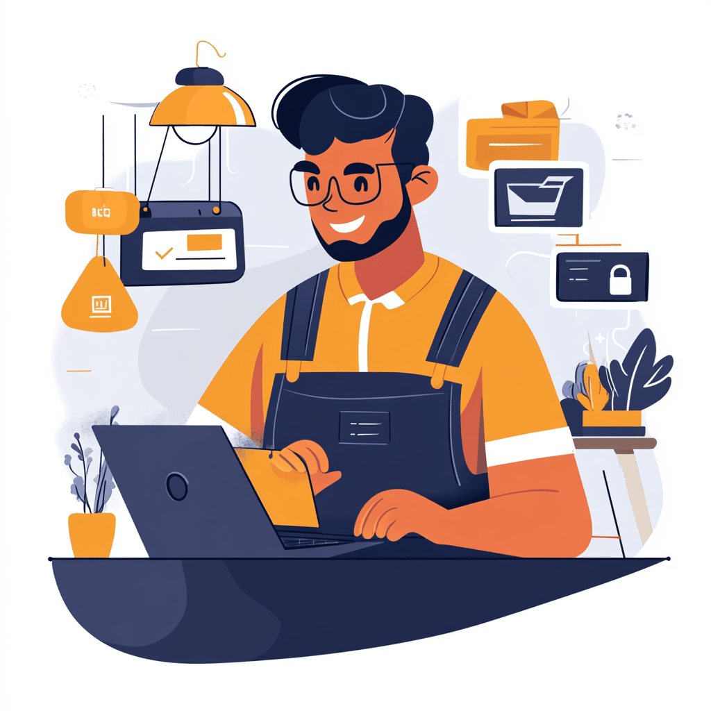 Geschäftsinhaber nutzt moderne Website auf Laptop für digitale Transformation